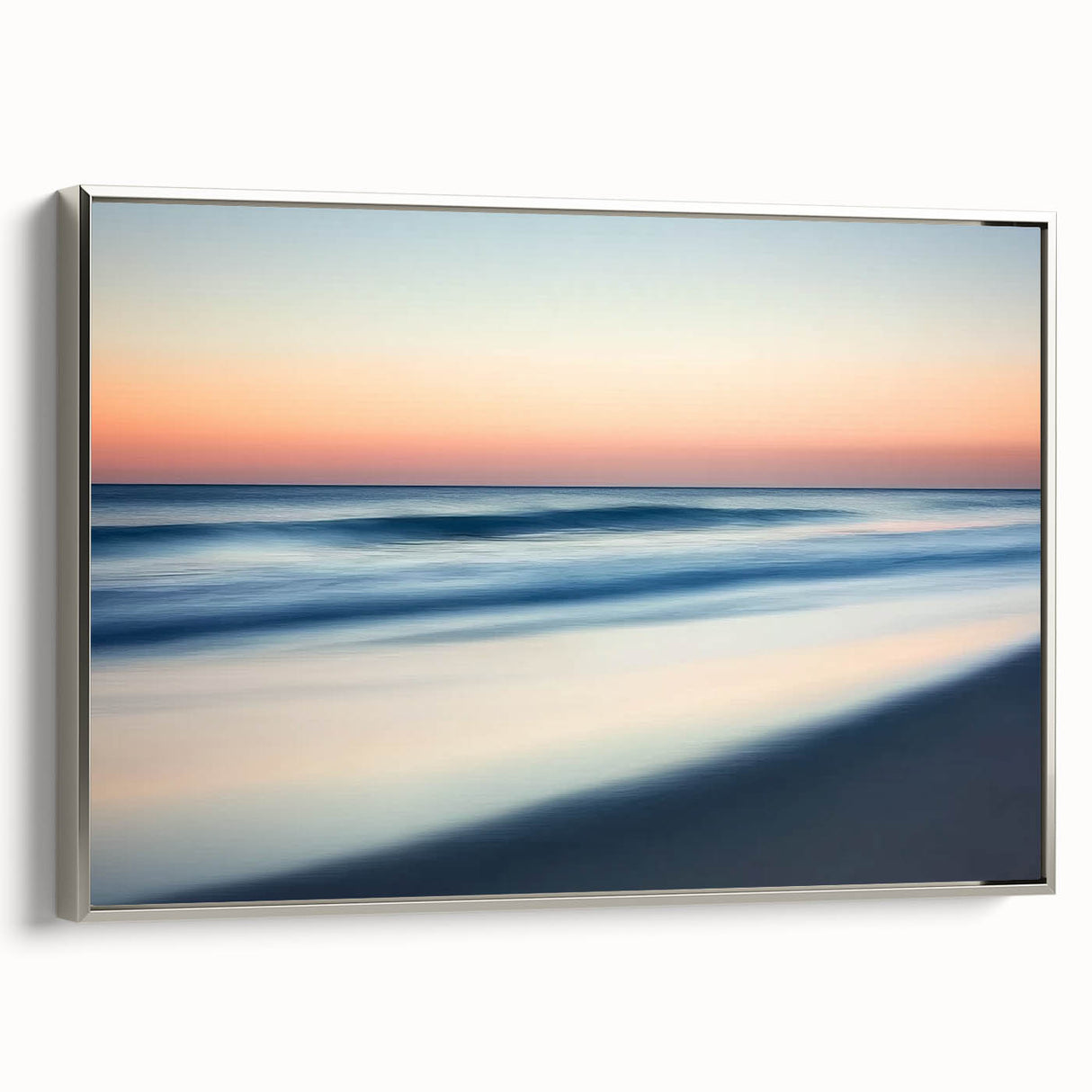 Framed landscape canvas artwork depicting serene beaches with vibrant colors and a sleek silver frame, ideal for enhancing coastal-themed home decor.