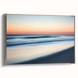 Framed landscape canvas artwork depicting serene beaches with vibrant colors and a sleek silver frame, ideal for enhancing coastal-themed home decor.