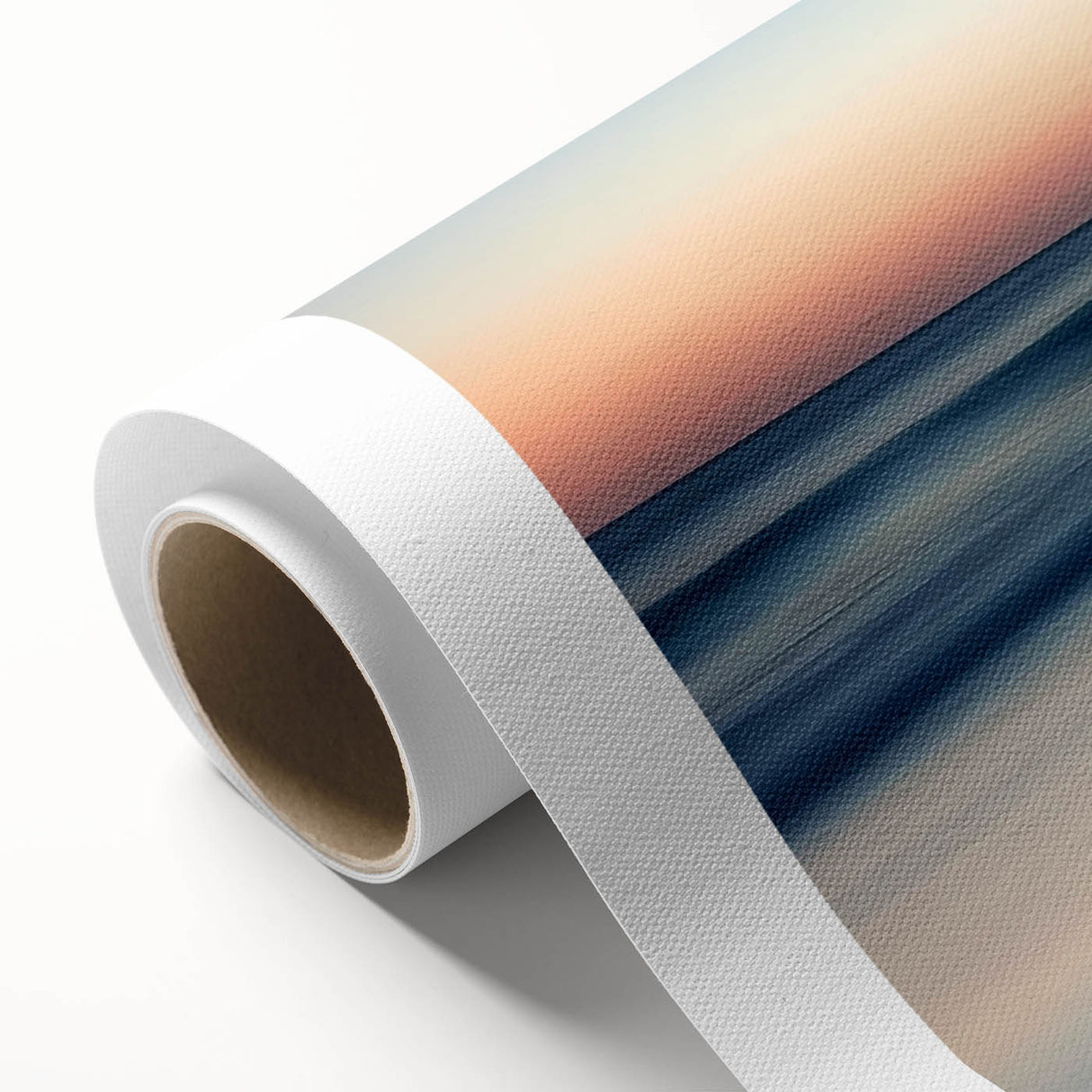 Vibrant rolled canvas print showcasing a serene beach landscape with soft waves and golden sands, elegantly packaged in a protective cardboard tube for safe delivery.