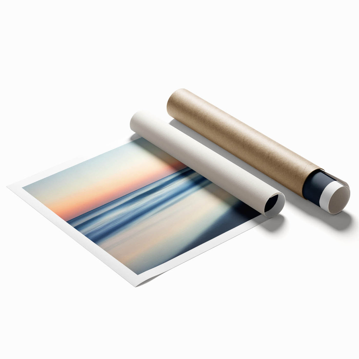 Stunning landscape print showcasing a serene beach scene with vibrant colors and soft waves, rolled and packaged in a protective cardboard tube for easy transport. Perfect for beach-themed decor enthusiasts and art collectors.
