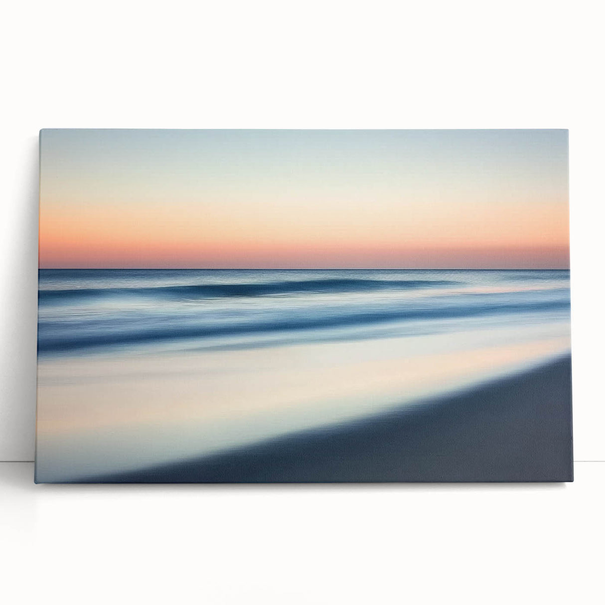 Stretched canvas artwork depicting a serene beach landscape with vibrant colors, showcasing gentle waves and palm trees, perfect for coastal home decor.