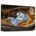 Landscape acrylic glass artwork showcasing vibrant canyons in rich earth tones, mounted with pins for display. Ideal for modern home decor enthusiasts.