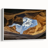 Framed landscape canvas showcasing vibrant canyons in earthy tones, featuring a white frame that enhances the artwork's depth and detail, ideal for home decor.