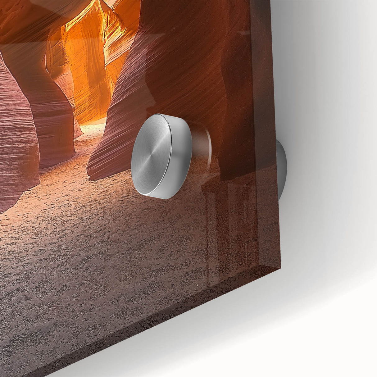 Close-up view of a vibrant desert landscape acrylic piece showcasing warm hues of orange and red, emphasizing the intricate details and textures, ideal for modern home decor.