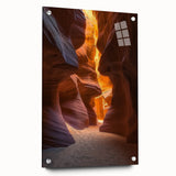 Desert landscape acrylic glass art showcasing warm tones of orange and gold, beautifully framed with pins for a modern touch, ideal for home decor.