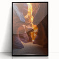 Framed acrylic artwork depicting a vibrant desert landscape, featuring warm hues of orange and yellow with striking black framing, perfect for modern home decor.