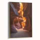Framed canvas artwork showcasing a stunning desert landscape with gold accents, displayed from a side view, perfect for modern home decor and interior styling.
