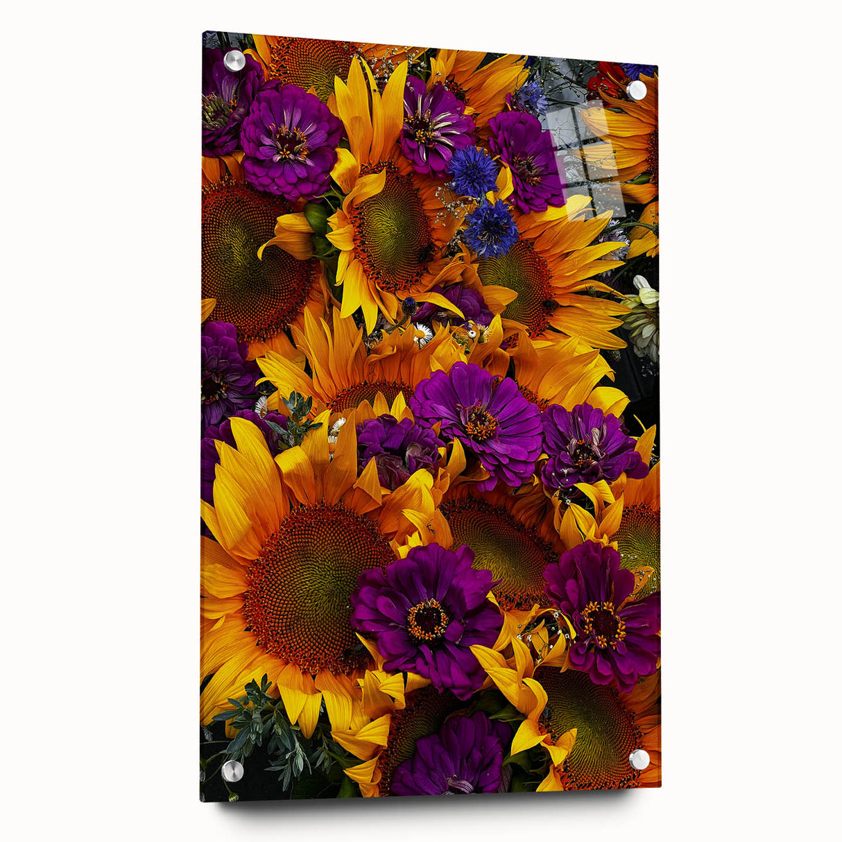 Large abstract wall art depicting spring season in vibrant green and yellow tones on acrylic glass.