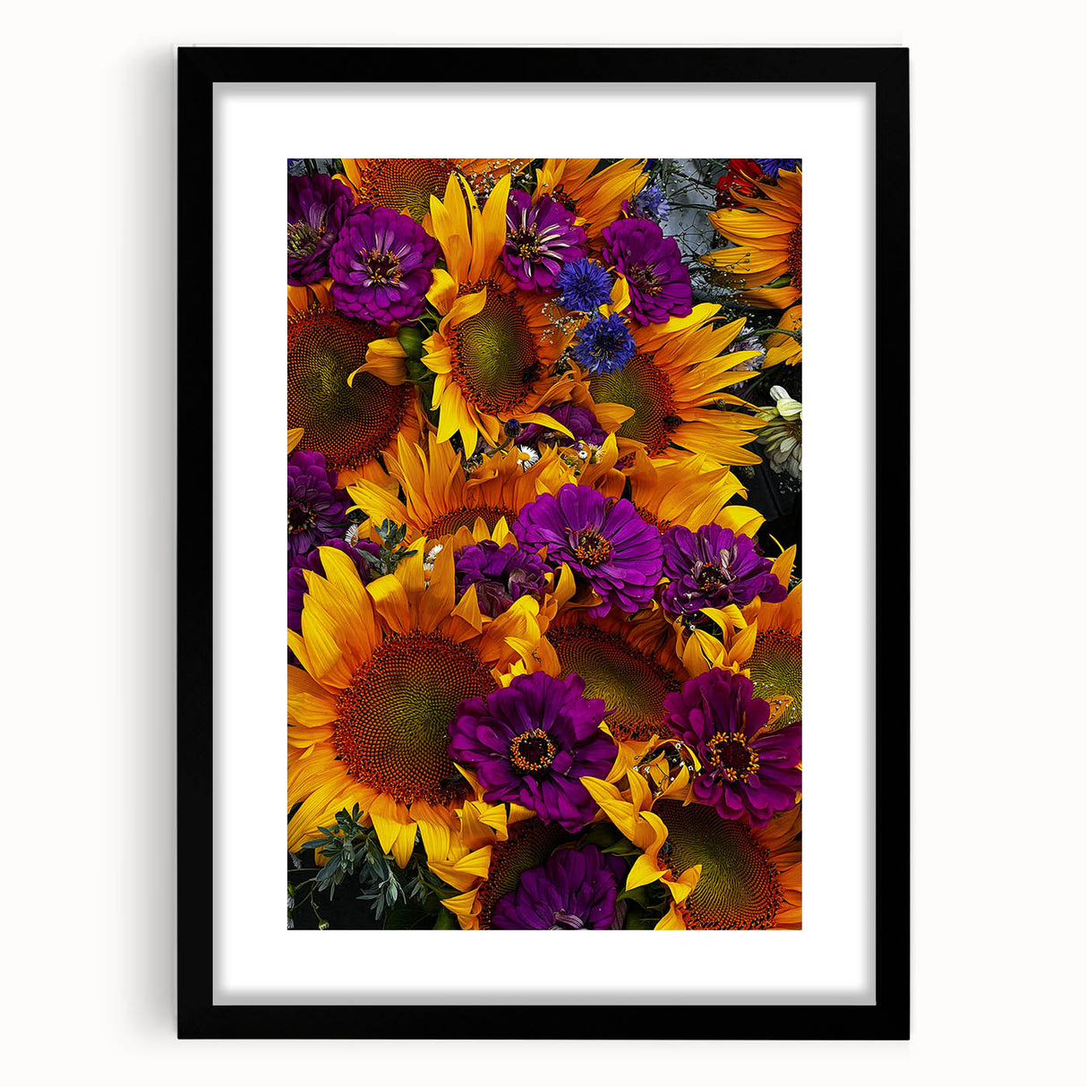 Extra large abstract art print featuring vibrant spring colors on a textured canvas, framed in black.