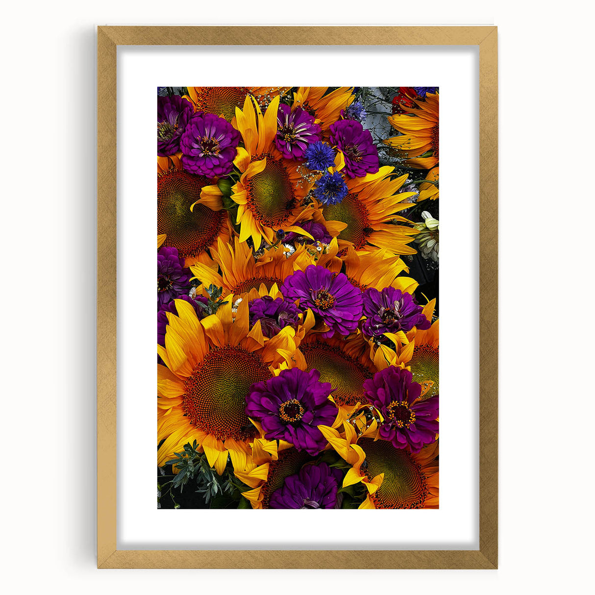 Extra large abstract art print with textured spring-themed elements in pastel colors on a gold-framed canvas.