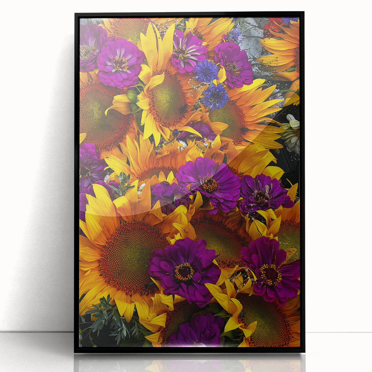 Large abstract wall art depicting spring-themed colors on acrylic, framed in black, suitable for modern living room decor.