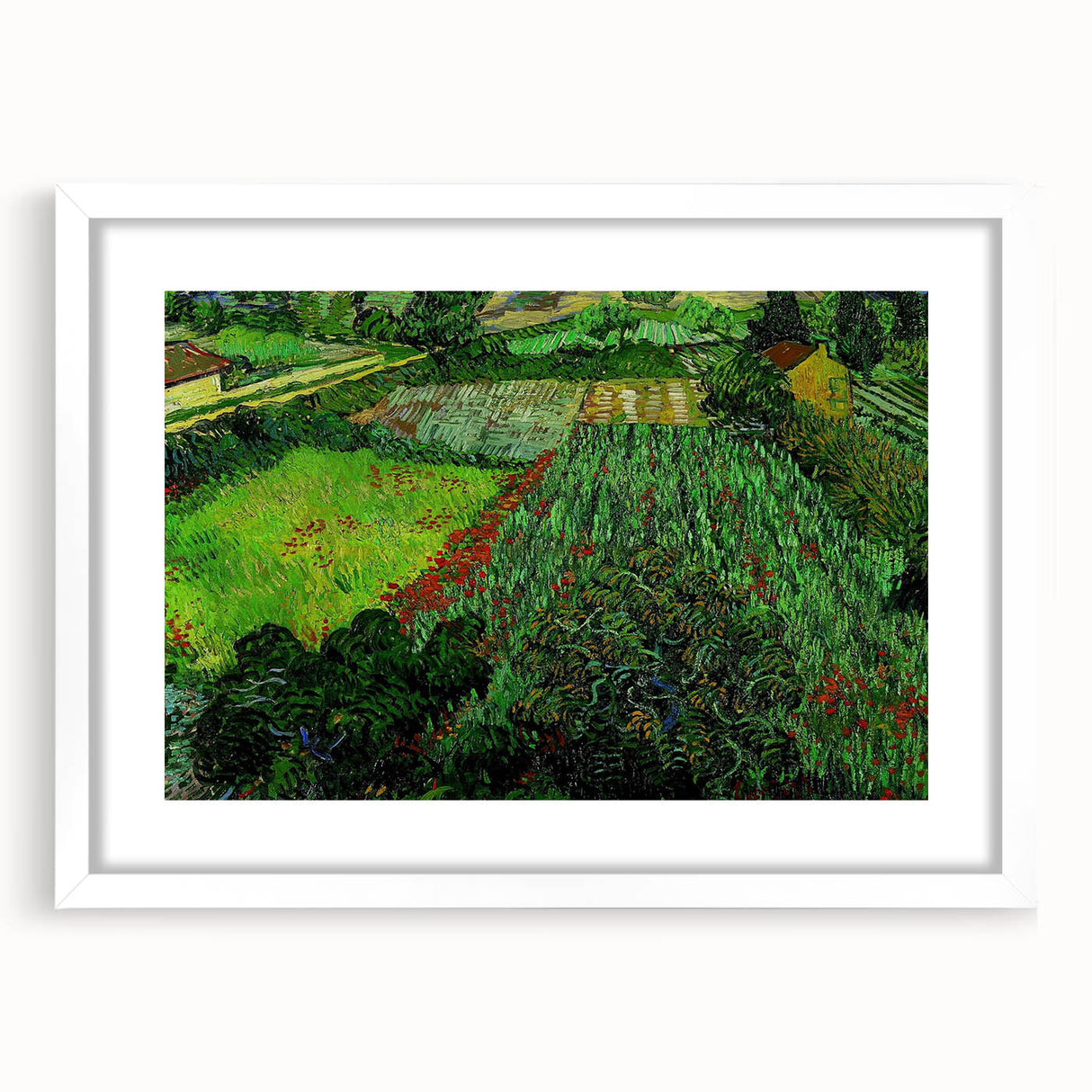 Textured abstract art print in blue and green hues on a white framed canvas, suitable for bedroom decor.