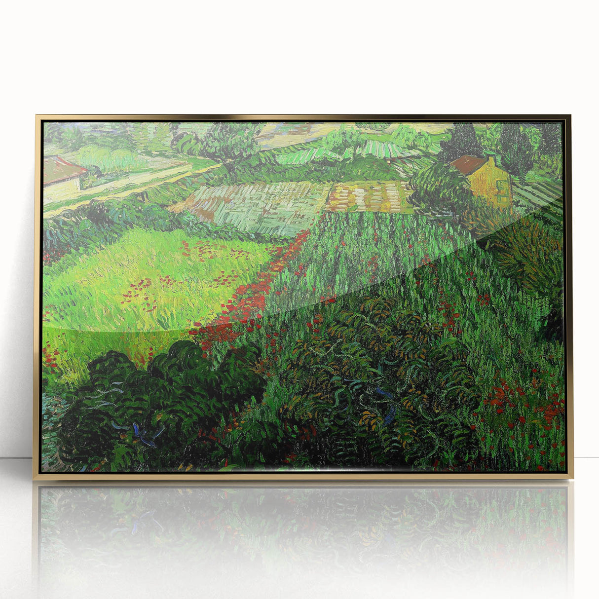 Acrylic print of Van Gogh-inspired art deco poster in gold frame, suited for modern art wall decor or nursery.