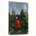 Modern Wall Art: Serene Portrait of Woman in Red with Verdant Landscape
