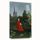 Modern Wall Art: Serene Portrait of Woman in Red with Verdant Landscape