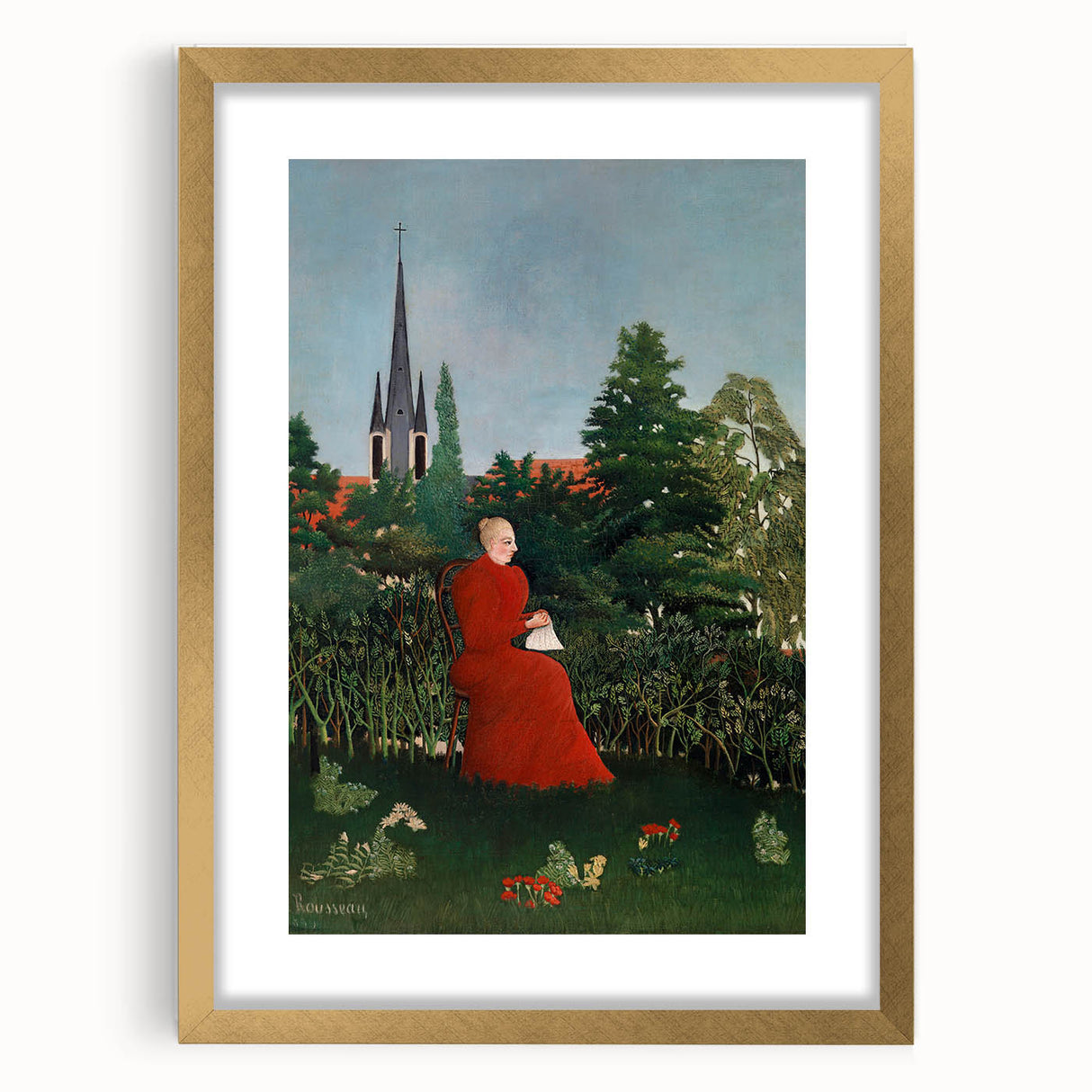 Modern Wall Art: Serene Portrait of Woman in Red with Verdant Landscape
