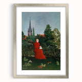 Modern Wall Art: Serene Portrait of Woman in Red with Verdant Landscape