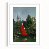 Modern Wall Art: Serene Portrait of Woman in Red with Verdant Landscape