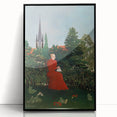 Modern Wall Art: Serene Portrait of Woman in Red with Verdant Landscape