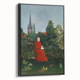 Modern Wall Art: Serene Portrait of Woman in Red with Verdant Landscape