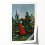 Modern Wall Art: Serene Portrait of Woman in Red with Verdant Landscape