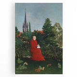 Modern Wall Art: Serene Portrait of Woman in Red with Verdant Landscape