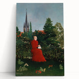 Modern Wall Art: Serene Portrait of Woman in Red with Verdant Landscape