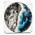 Abstract geometric acrylic glass artwork displayed from a side view, featuring vibrant colors and intricate patterns, secured with stylish pins for modern decor.