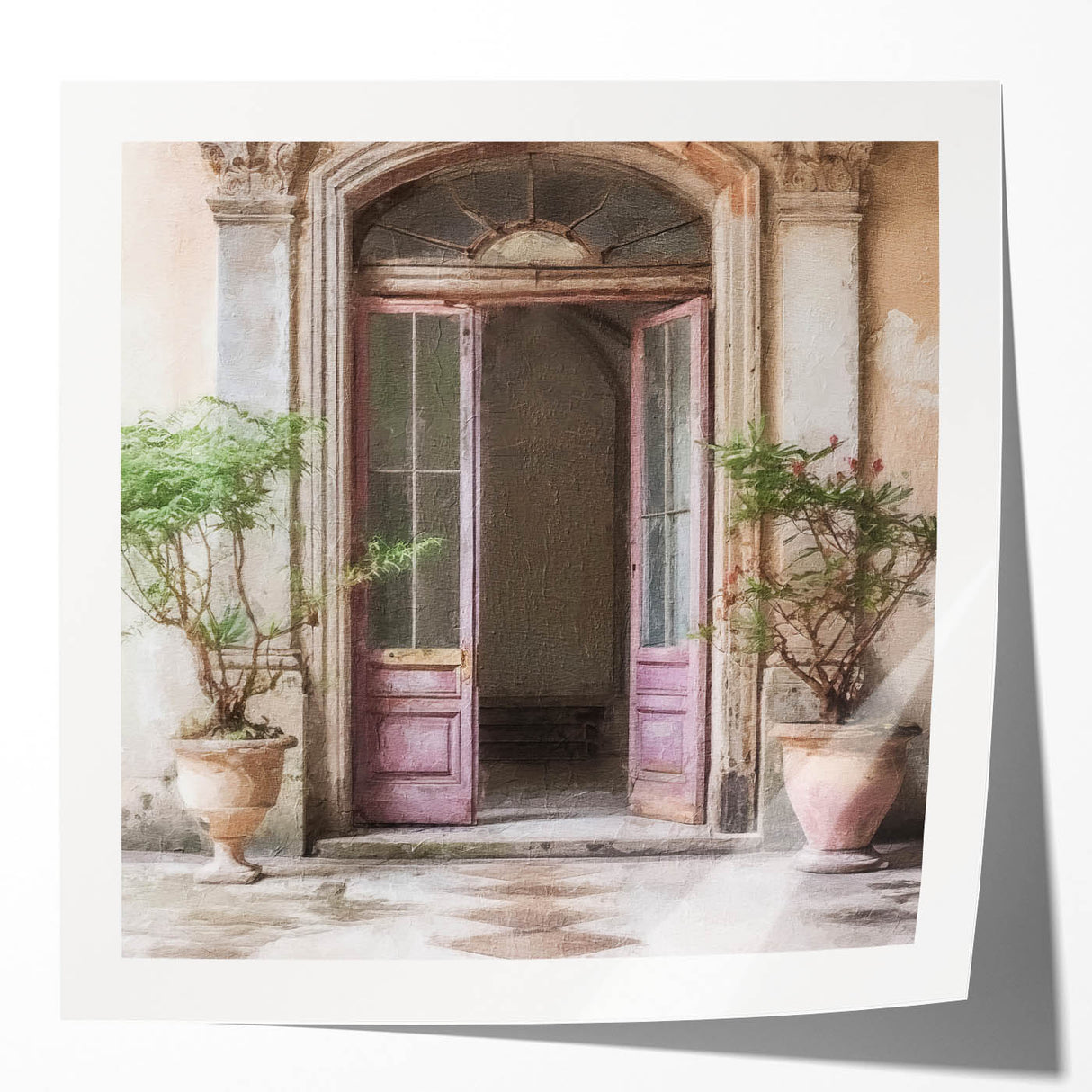 Extra large wall art featuring an architectural door design in muted earth tones on glossy photo paper.