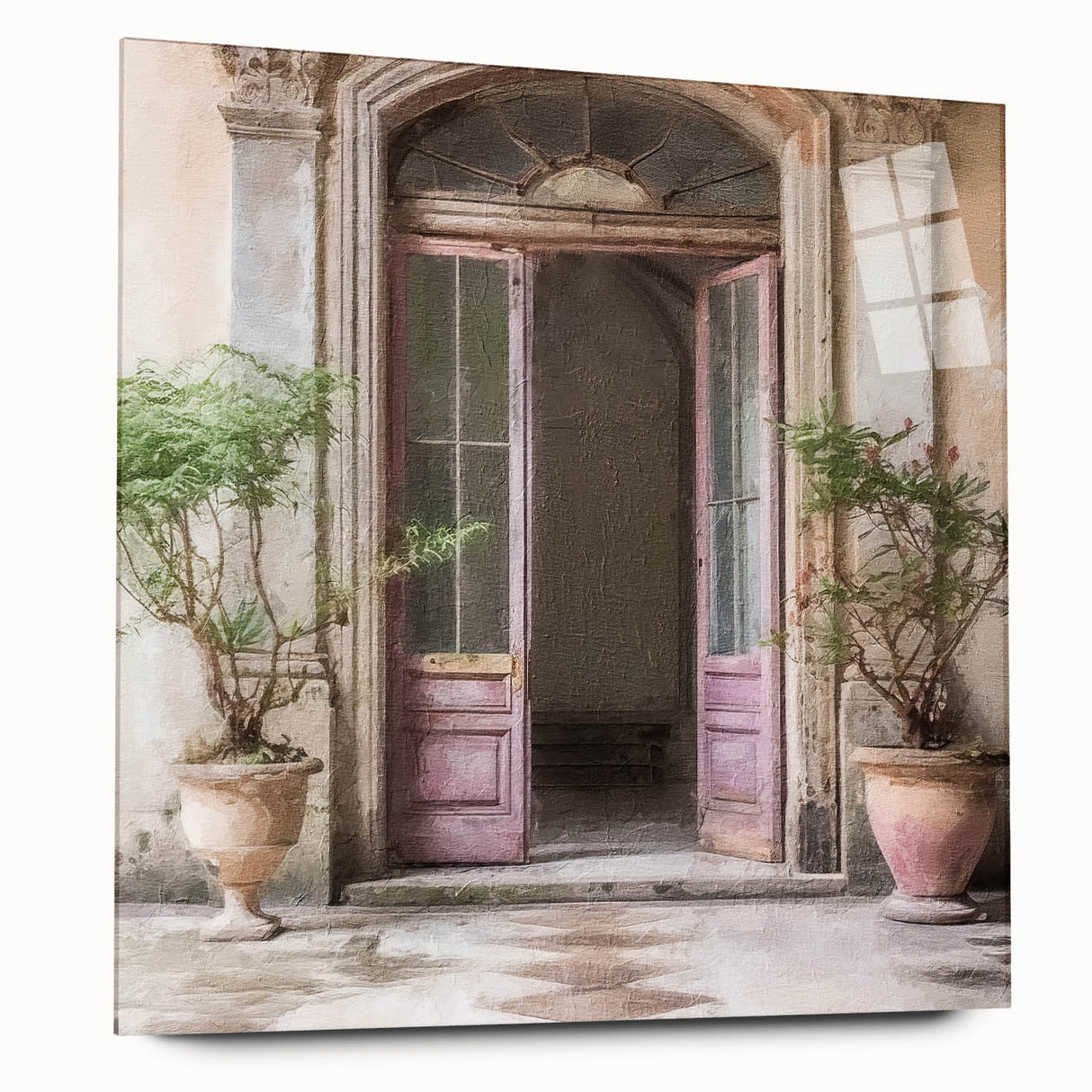 Large abstract wall art of a French door design in muted grays and blues on acrylic glass.