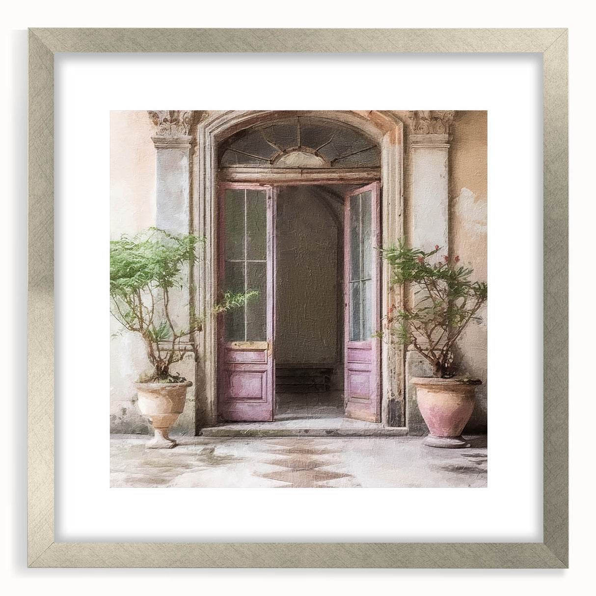 Textured abstract art print of a French door in muted gray, framed in silver, ideal for bedroom art.