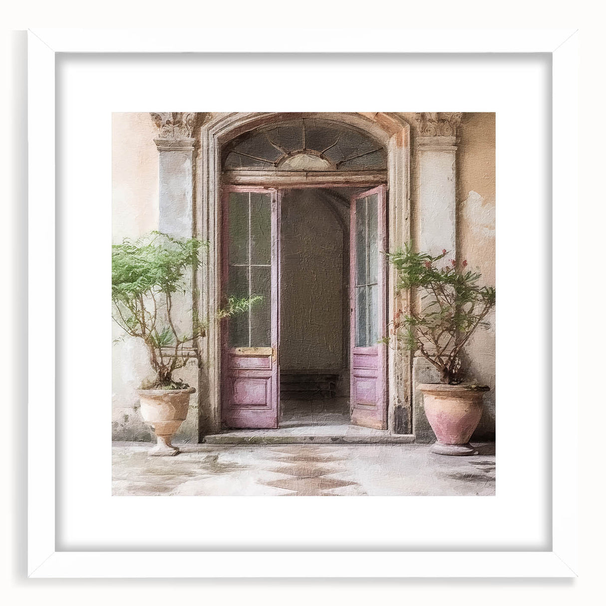 Abstract art print of a minimalistic French door design in black and white, framed with a white mat.