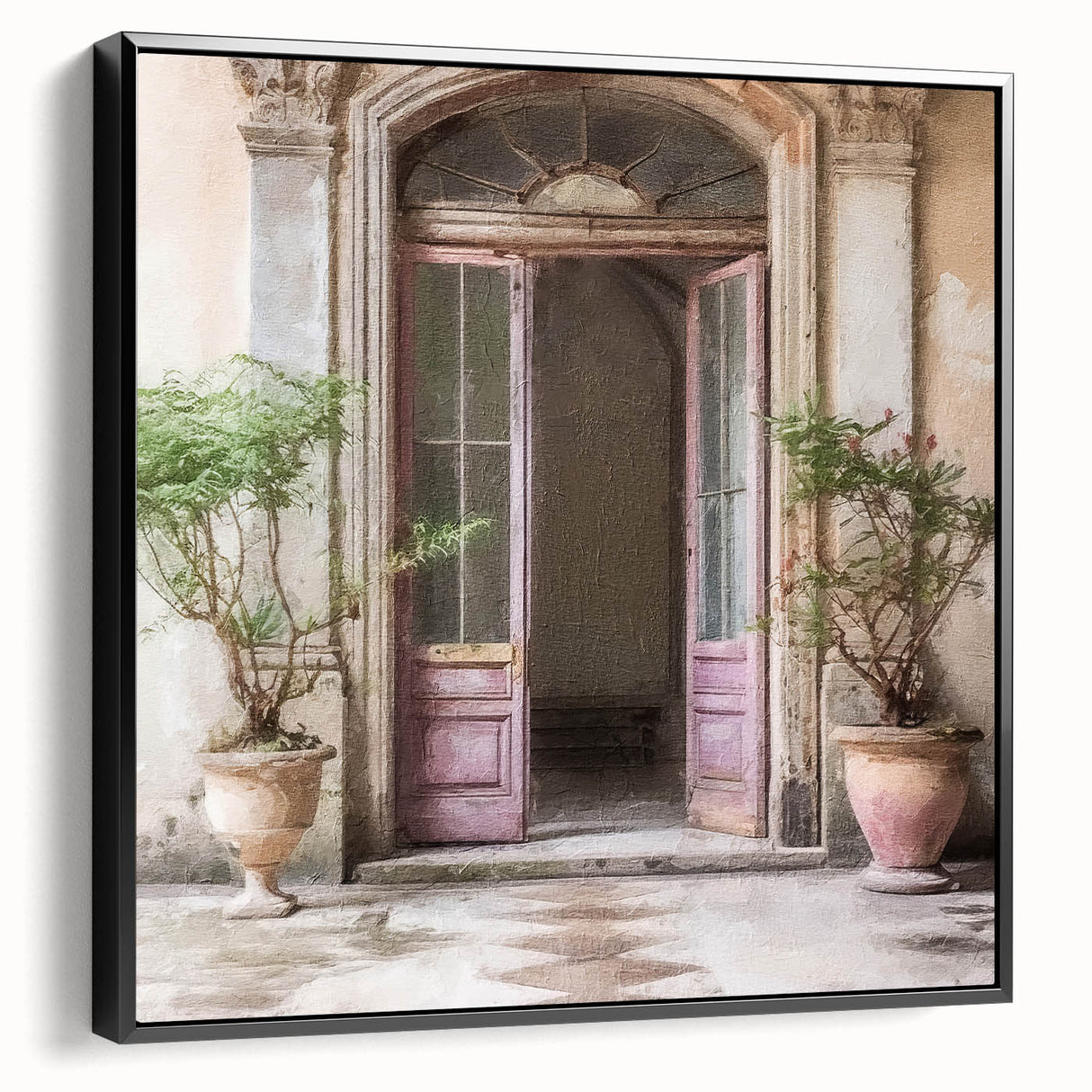 Black and white vintage poster art featuring an intricate French door design on a framed canvas.