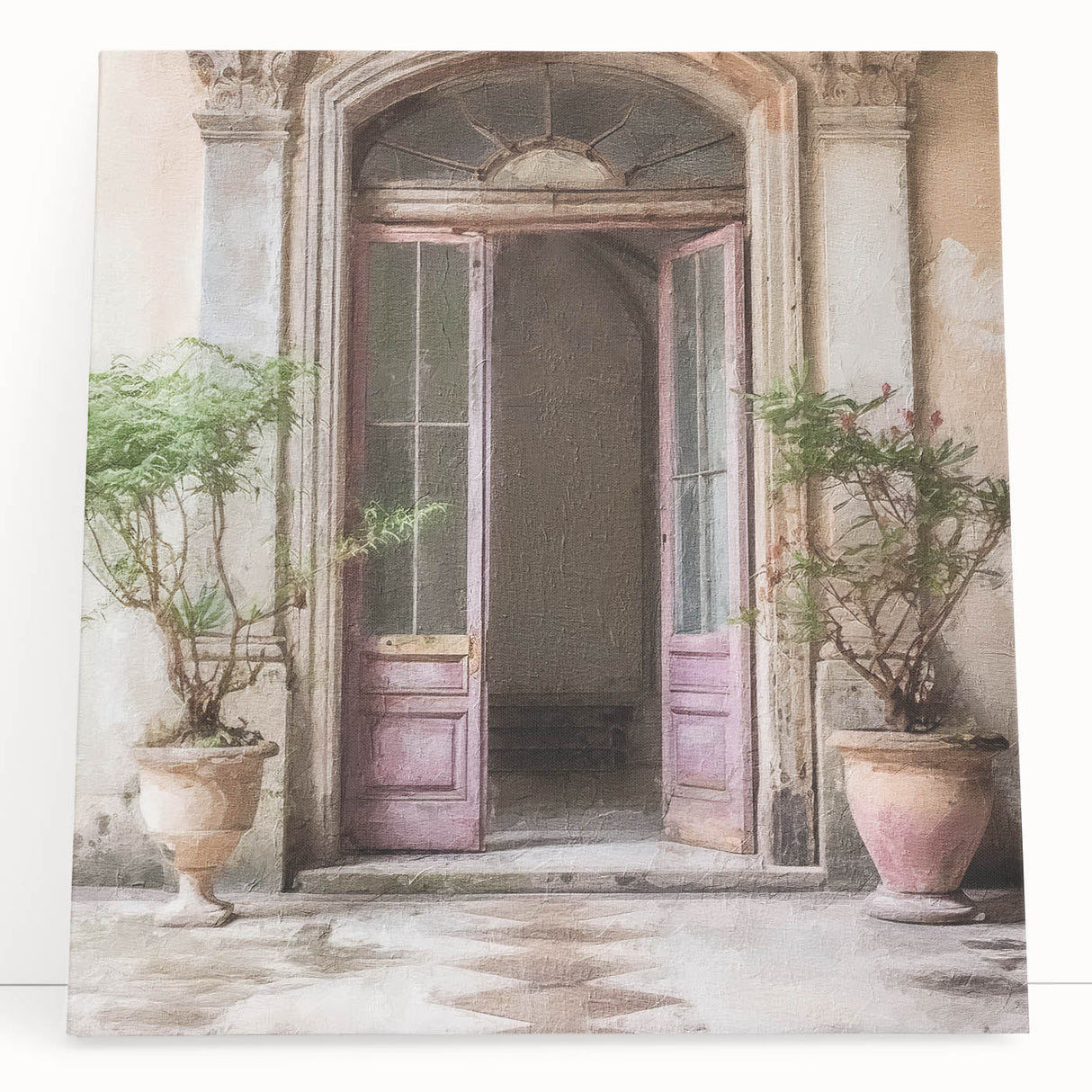 Black and white photo of a French door design on stretched canvas, suitable as kitchen wall art or for bedroom ambiance.