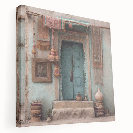 Large art of an Indian architecture door depicted in rich earth tones on stretched canvas, suitable for kitchen wall art.