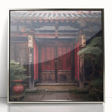 Mid-century modernist art depicting a Japanese door, in muted silver tones on a framed acrylic print.