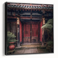 Black and white framed canvas featuring a vintage poster art style Japanese door, ideal for bedroom wall decor.
