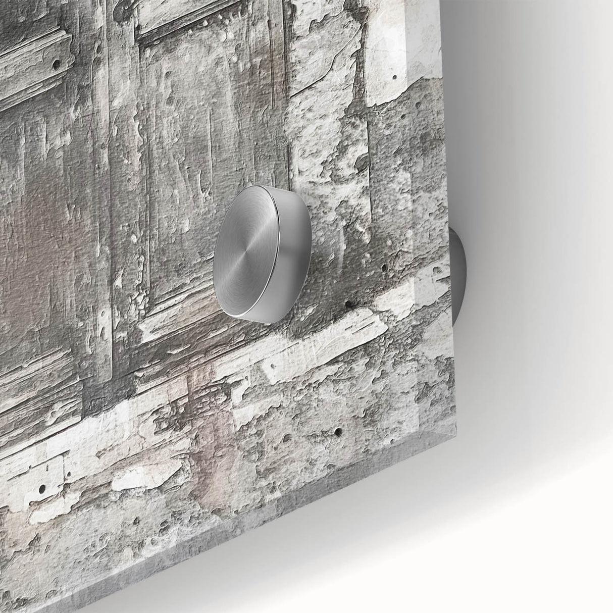 Close-up acrylic print of a rustic Italian door, in earth tones, ideal for dining room art.