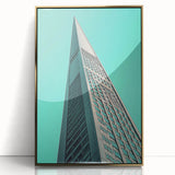 Mid-century modernist large art print of architectural design in gold tones, framed acrylic.
