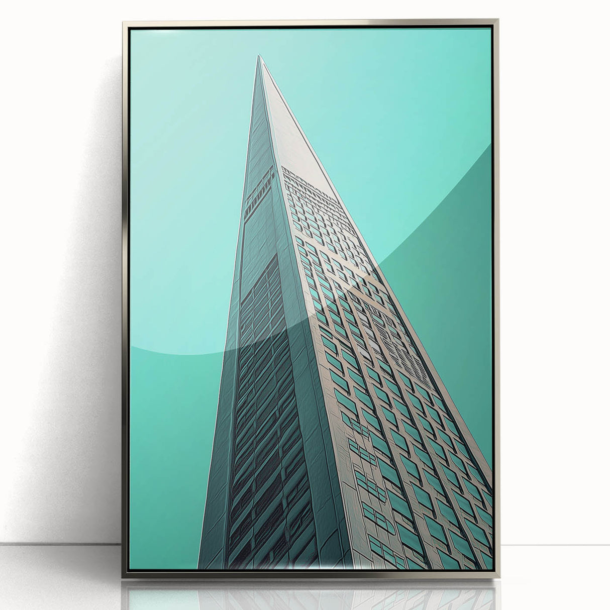 Mid-century modernist architecture depicted in muted gray and silver tones on a framed acrylic print.