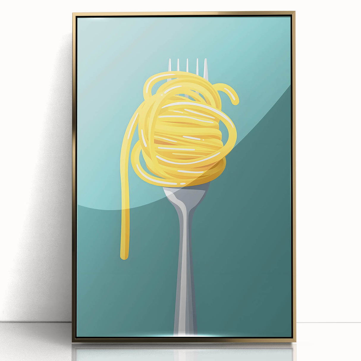 Large art print of dishes in gold and black, framed in acrylic, featuring mid-century modernist style.