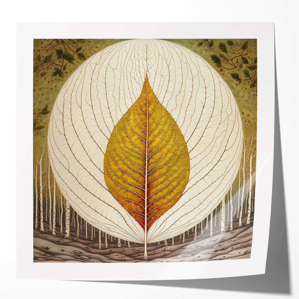 Vibrant botanical wall art design featuring colorful flowers and leaves on a glossy finish, ideal for home decor, styled in a modern living room setting.