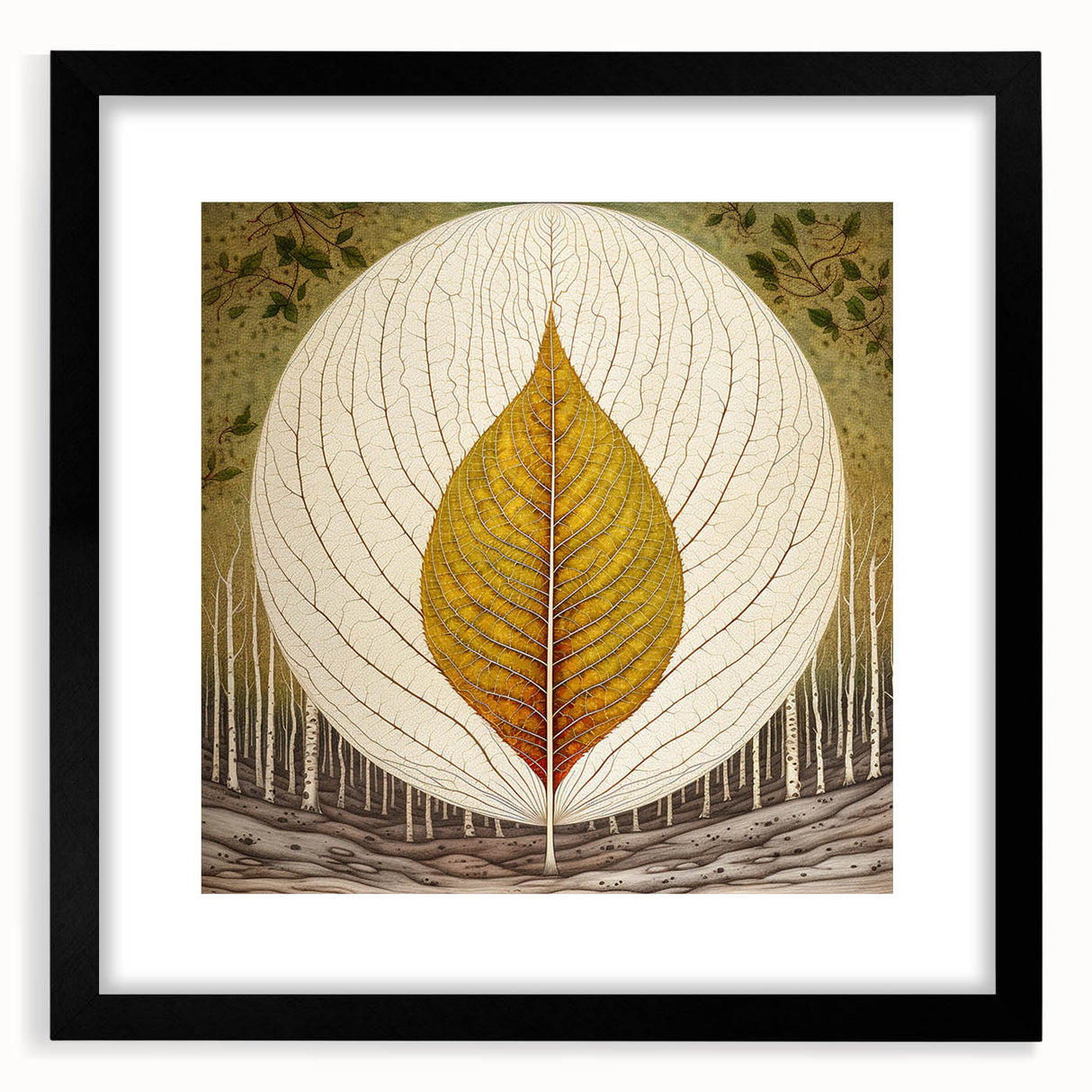 Black-framed wall art featuring a botanical design with colorful flowers and leaves, elegantly matted for a sophisticated touch, ideal for home decor.