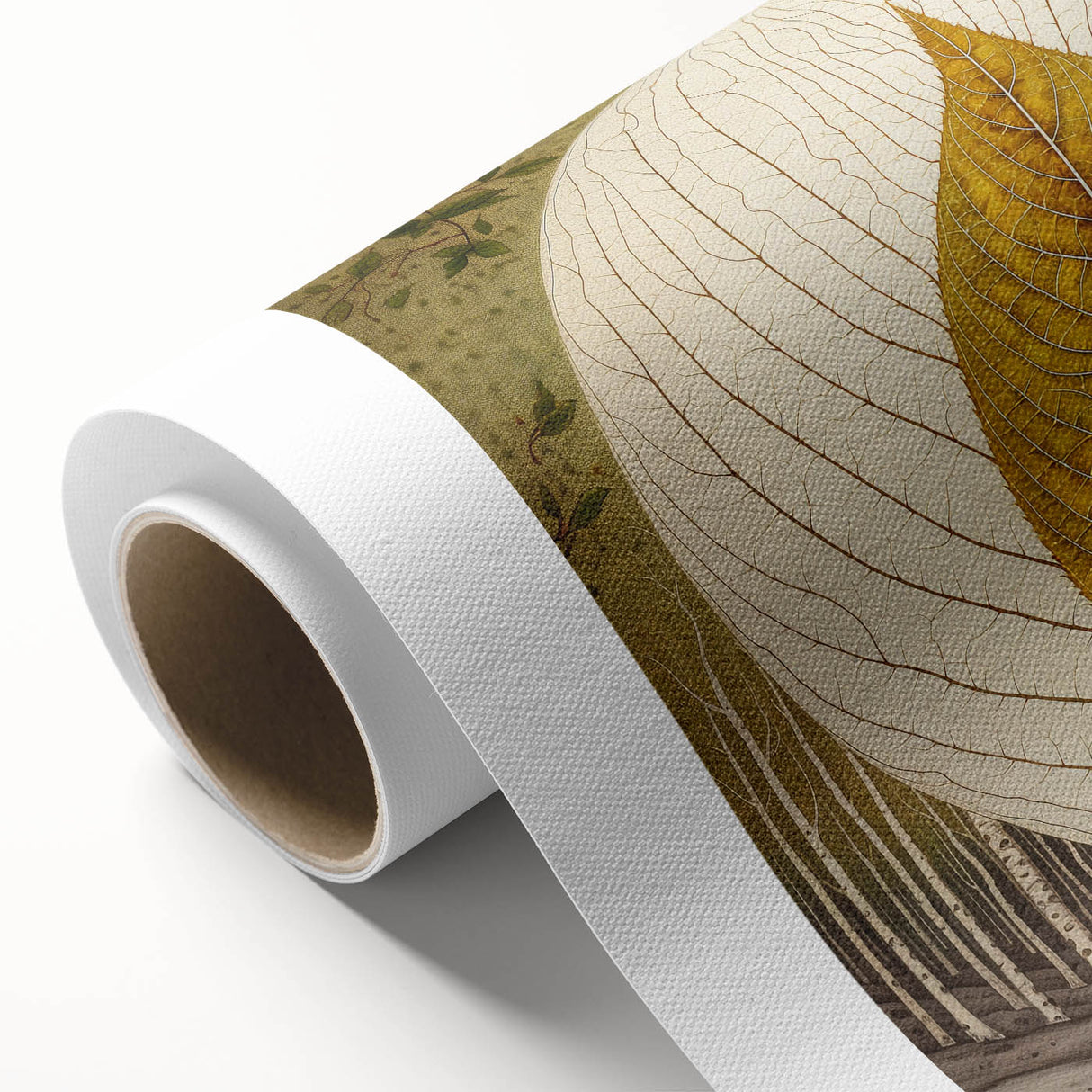 Rolled canvas wall art showcasing vibrant floral and botanical designs with lush green leaves, perfect for home decor, packaged securely in a cardboard tube.