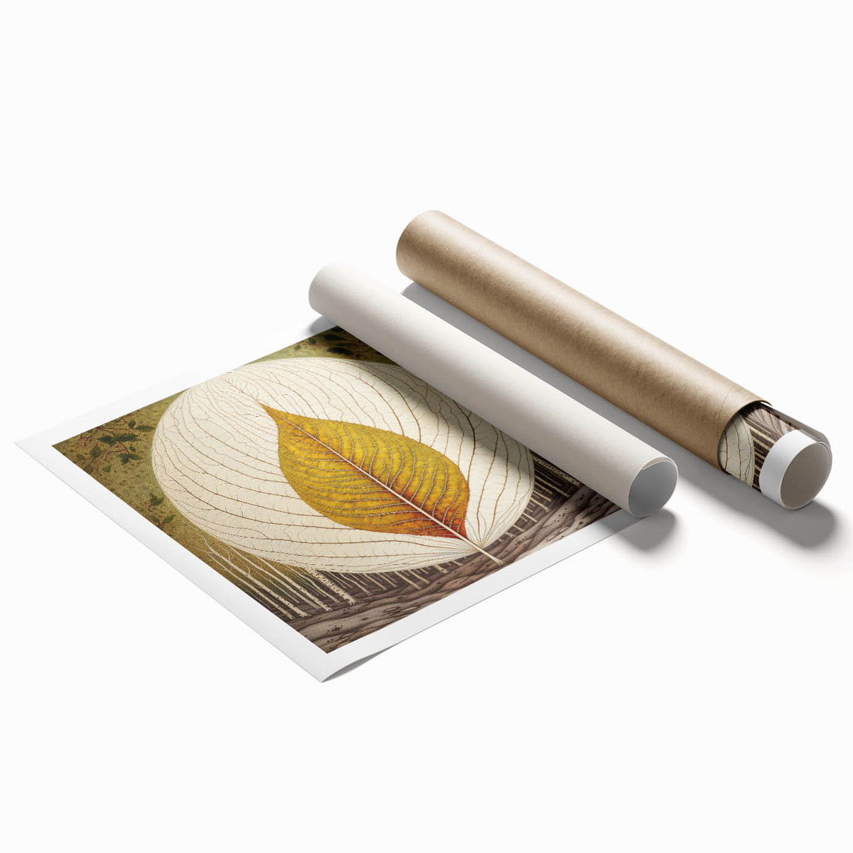 Floral wall art print showcasing vibrant colors with detailed botanical illustrations of flowers and leaves, rolled for easy framing and display. Ideal for home decor.
