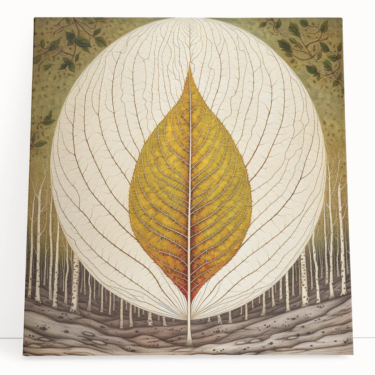 Vibrant stretched canvas wall art showcasing an intricate floral and botanical design, featuring lush green leaves and colorful flowers, perfect for home decor.