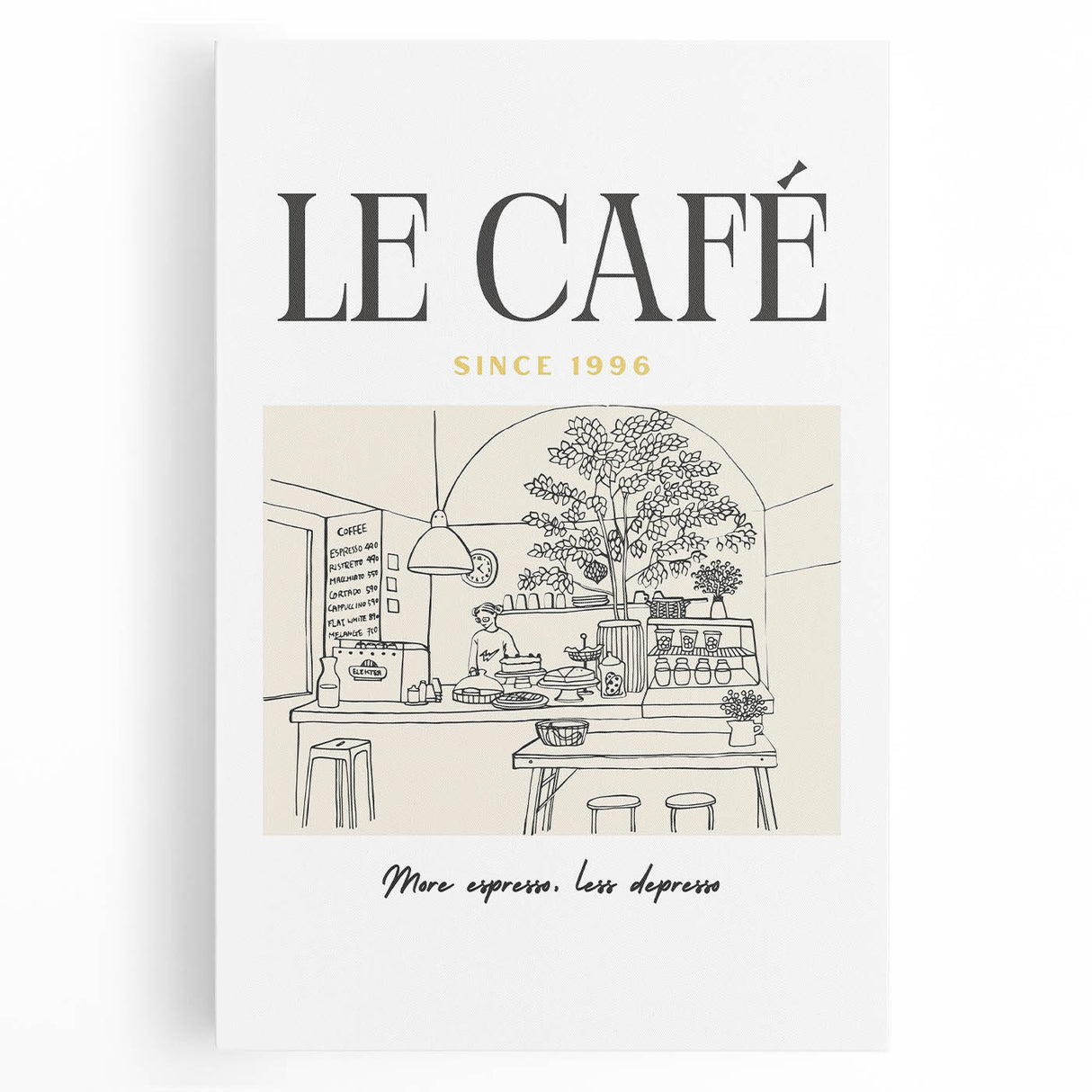 Large black and white stretched canvas depicting various kitchen utensils, ideal for kitchen wall art.