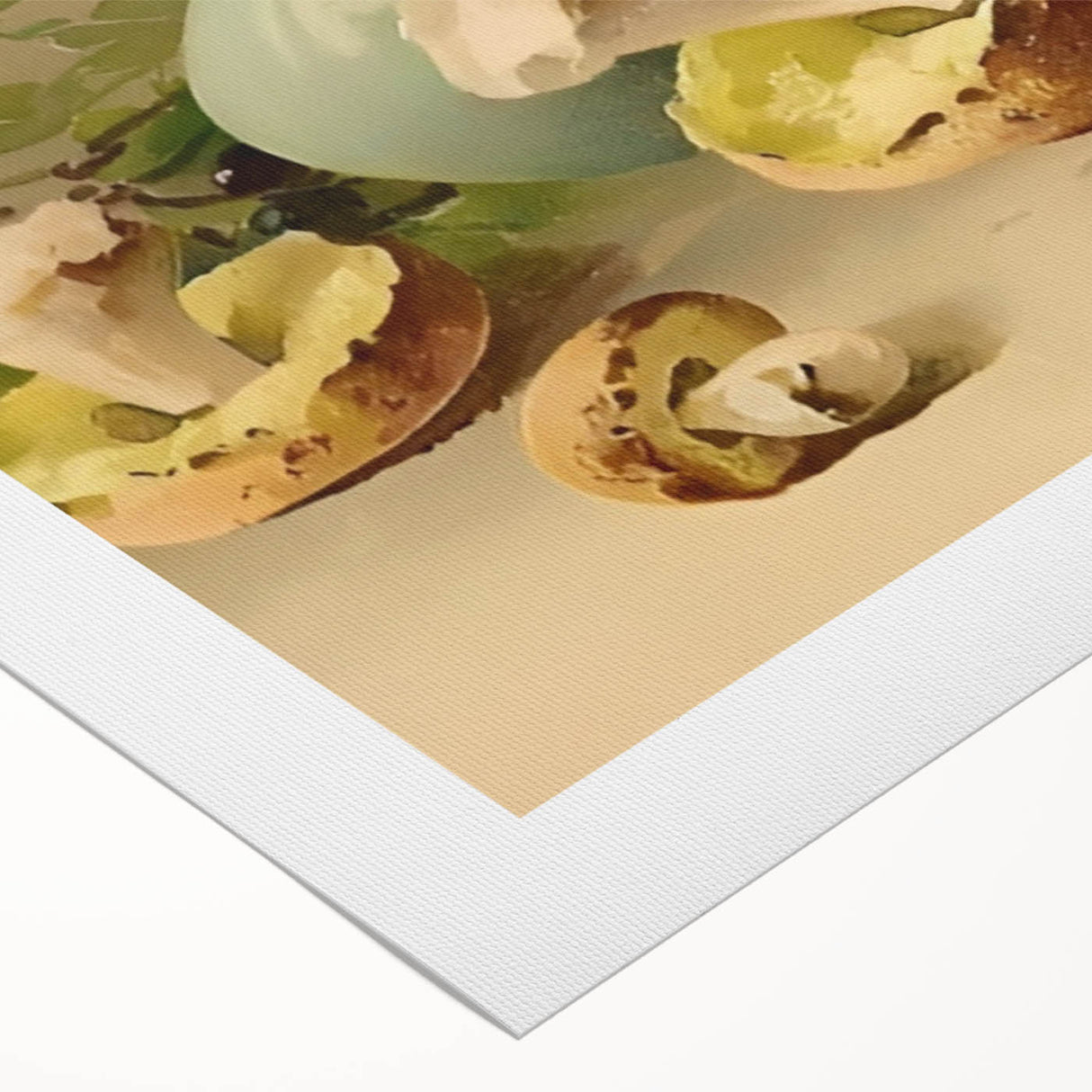 Art deco poster of assorted fruits in bold colors on a rolled canvas, suitable for dining room decor.