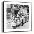 Black and white vintage poster art of a landscape on framed canvas, suitable for bedroom decor.