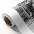 Art deco poster featuring a stylized family meal scene in muted earth tones on rolled canvas.